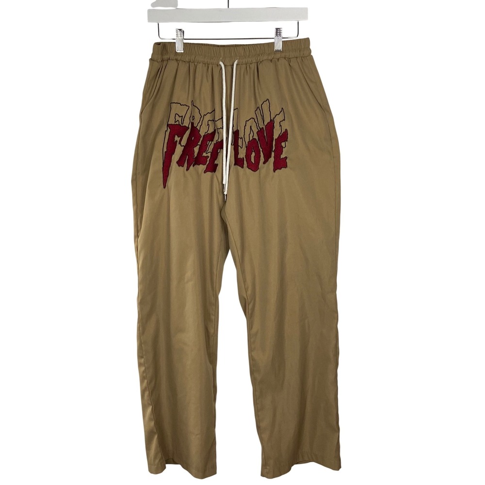 Romwe Free Love Graphic Jogger Pants Tan Khaki Mens XL‎ Streetwear Drawstring XL
